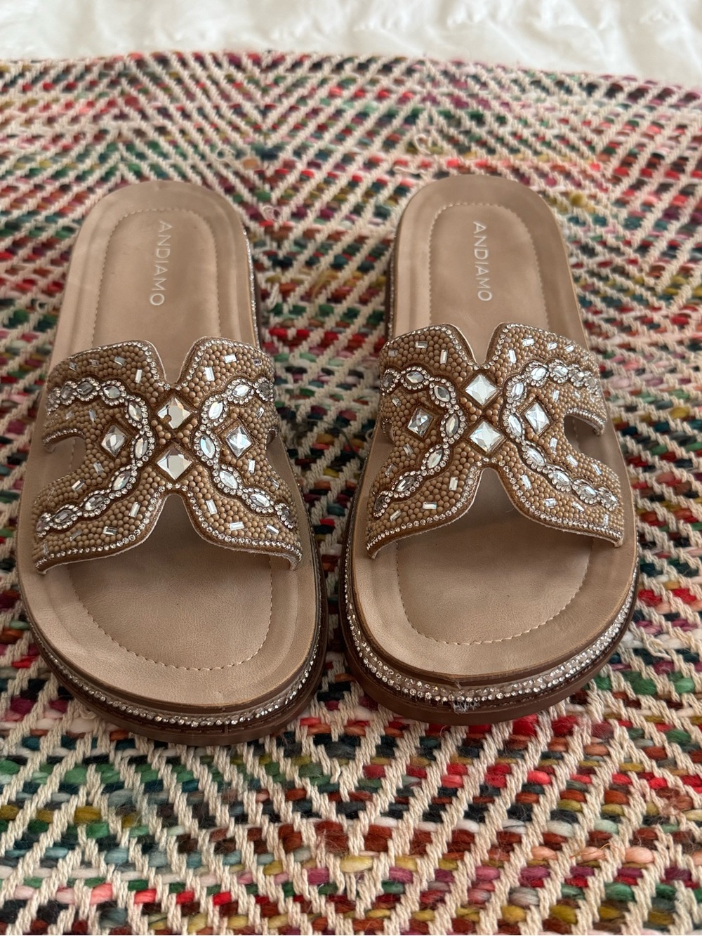 Andiamo Jeweled Slide Mules Rhinestone Platform Sandals Size 7 1/2